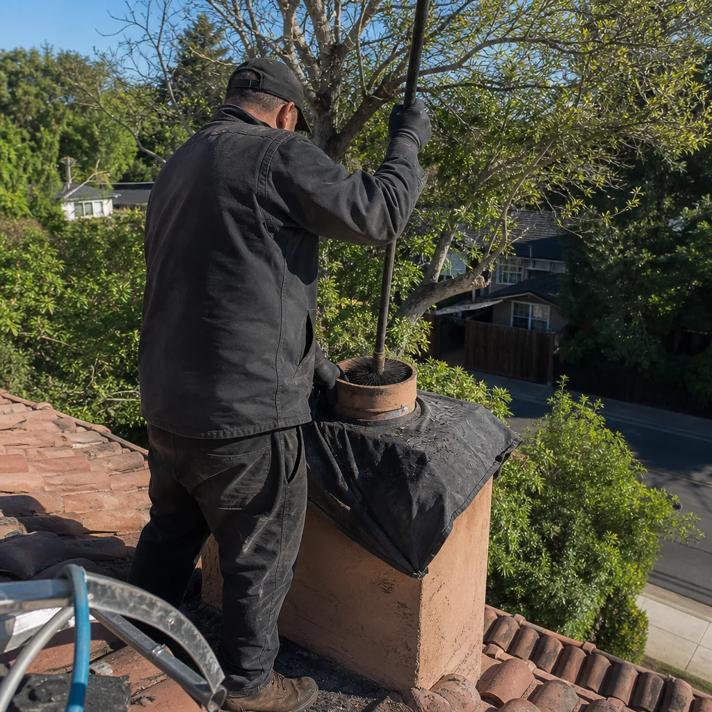 Professional chimney sweep cleaning a fireplace flue from the roof