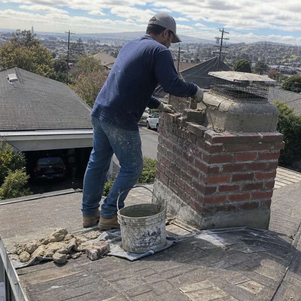 Professional mason performing chimney repair and masonry maintenance on a roof.