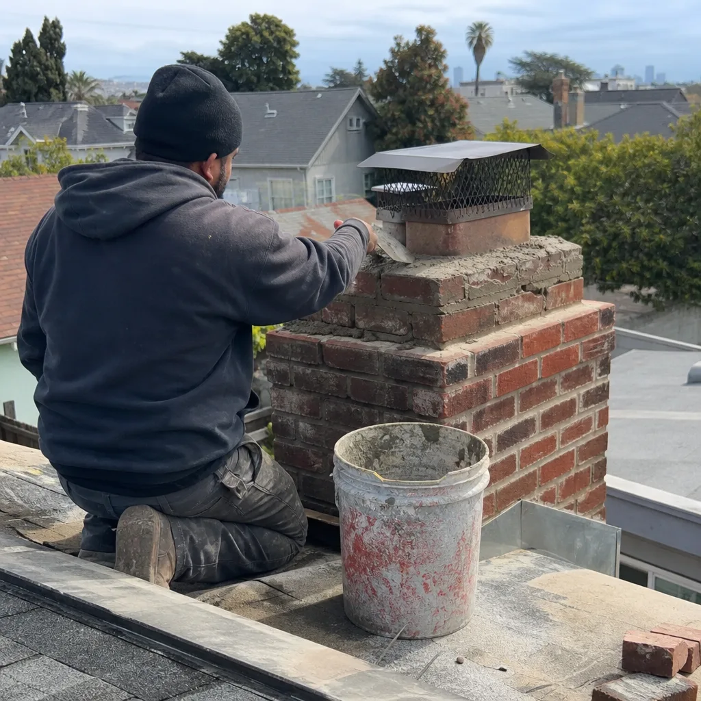 Technician performing professional chimney masonry repair on a residential roof.