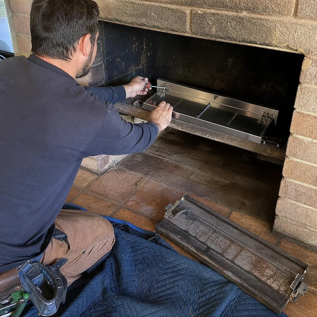 Technician performing professional fireplace maintenance and component installation