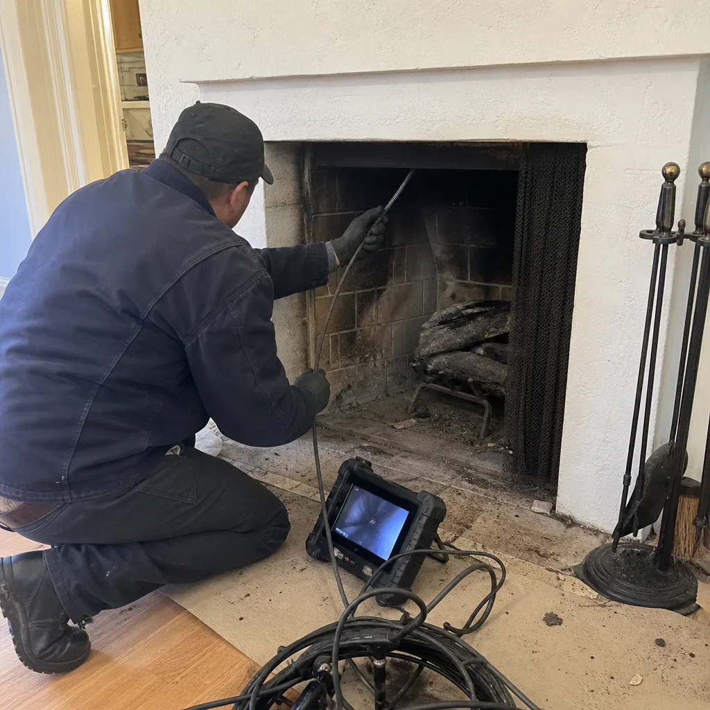 Technician performing a professional fireplace chimney inspection with a camera system.